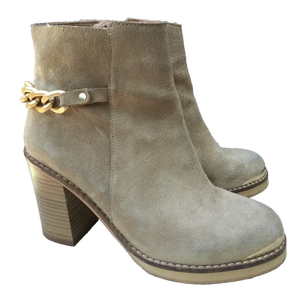 TOPSHOP Merit Beige Tan Suede Gold Chain Ankle Boots Chunky Heel 38 7.5